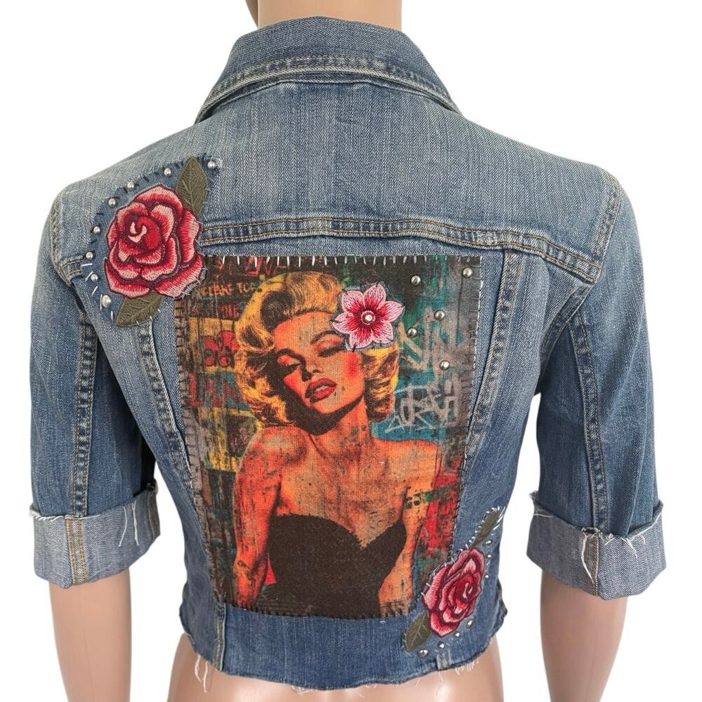 Upcycled Marilyn Monroe Embroidery Patch Denim Jacket S Boho Cropped Studded